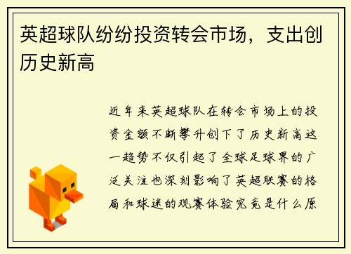 英超球队纷纷投资转会市场，支出创历史新高